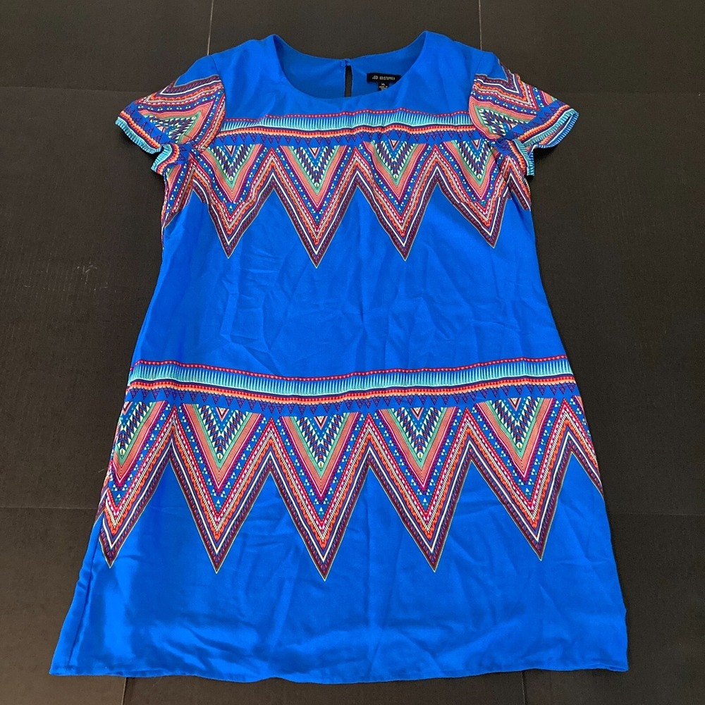 Jodi Kristopher Blue Dress XL, Retro Short Sleeves, Lined, Tribal, Geometric